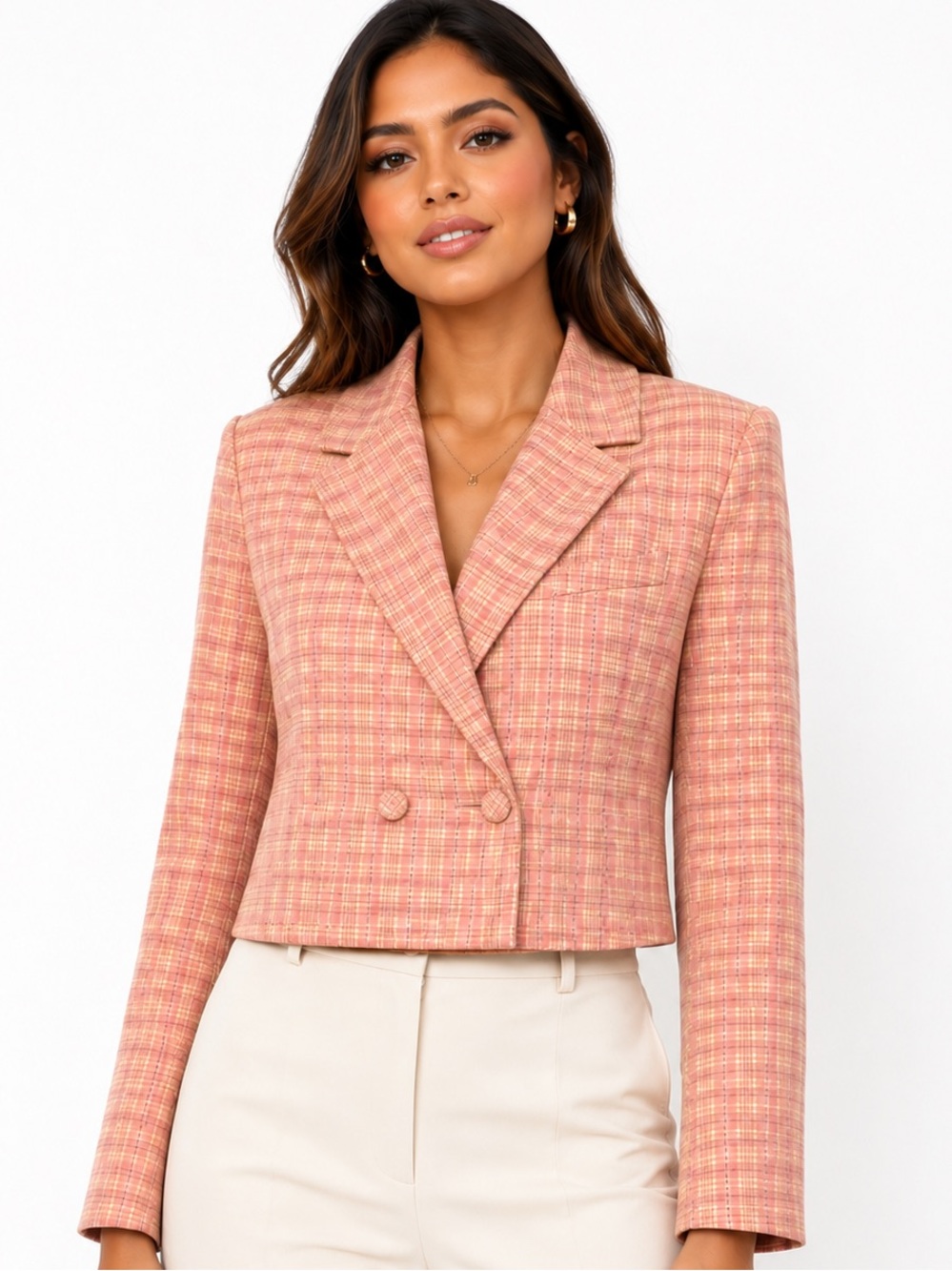 7 For All Mankind Pink Plaid Lined Cropped Blazer Jacket Sz M